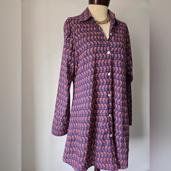 TOMMY BAHAMA Navy Cotton Button-Up Shirt Dress With Peach Palm Treea. Size Large - Picture 2 of 10
